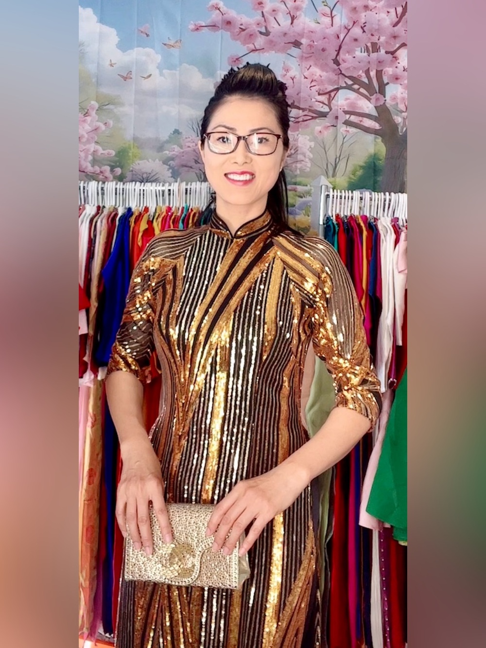 Size m 2 ao dai Vietnam Gold Sequin traditional Long Dress set kim sa 🎁 fancy